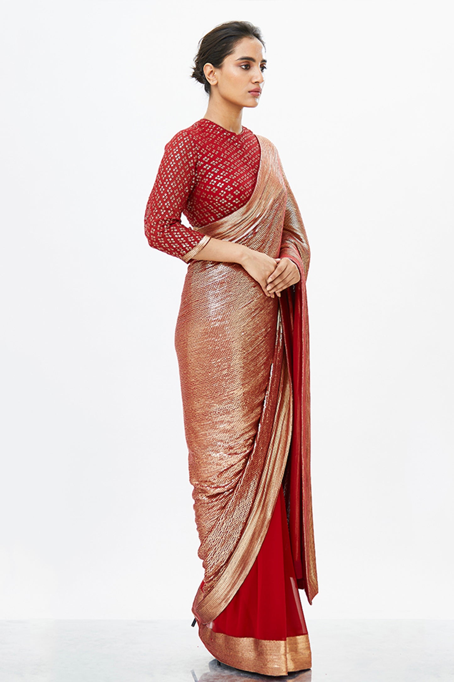 Sari Set in Gold Sequin Sheeted Palloo