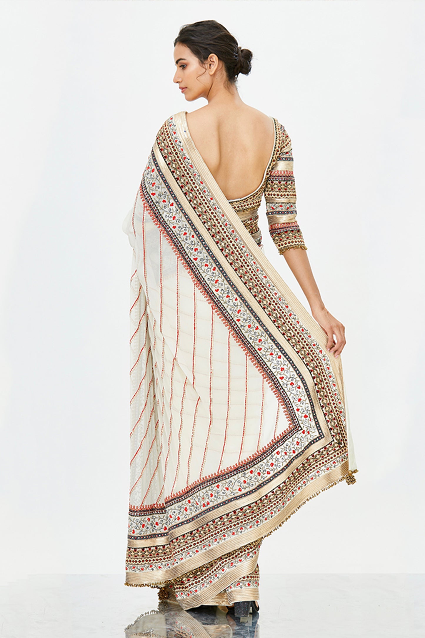Sari Set in Tribal Thread Embroidery with Gold Sequins