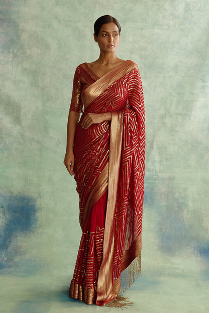 Sari Set in Gold Sequin Embroidery in Maze Design