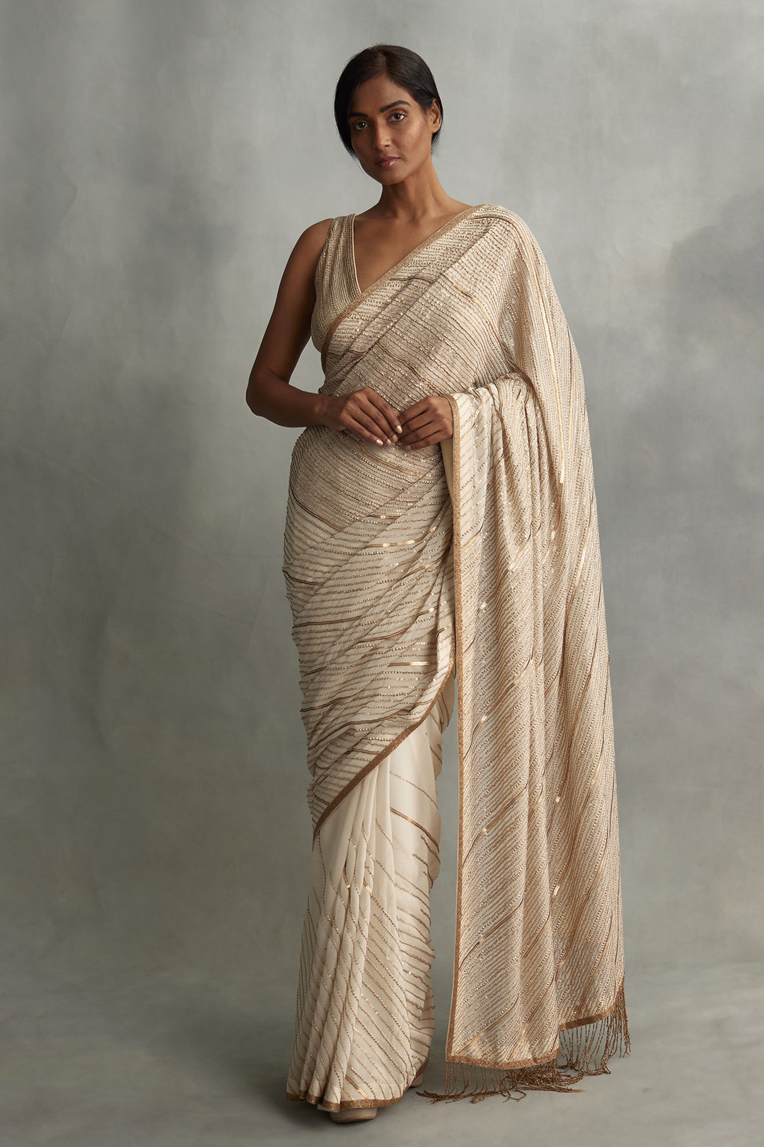 Sari Set in Diagonal Dots Sequin Embroidery