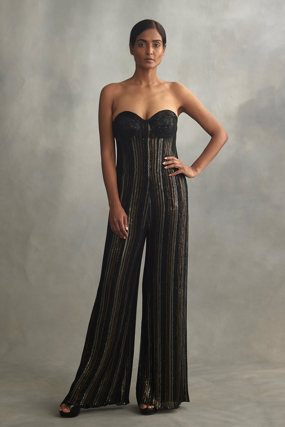 Jumpsuit with Stripe Metallic Sequin Embroidery