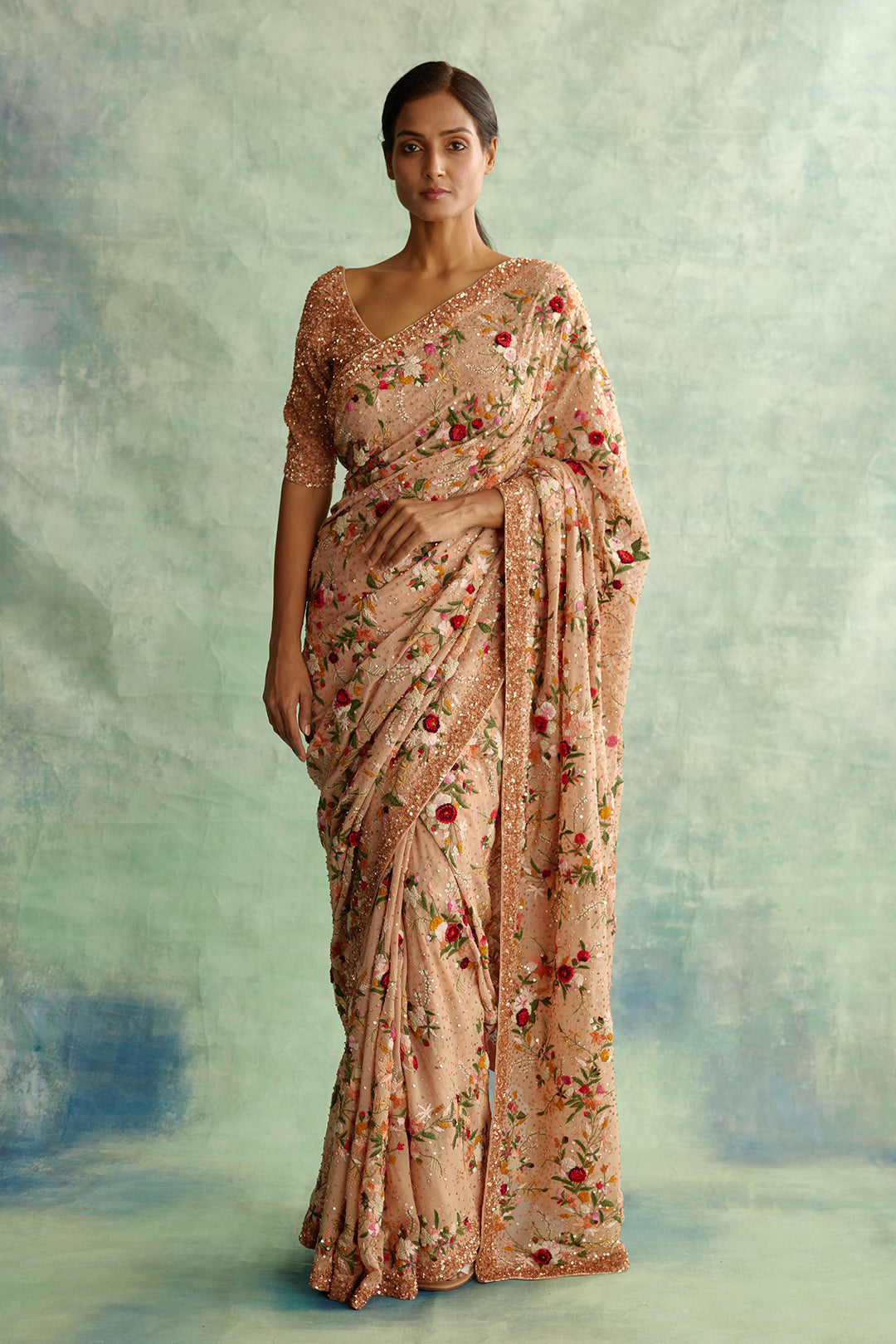 Sari Set in Floral Thread Embroidery