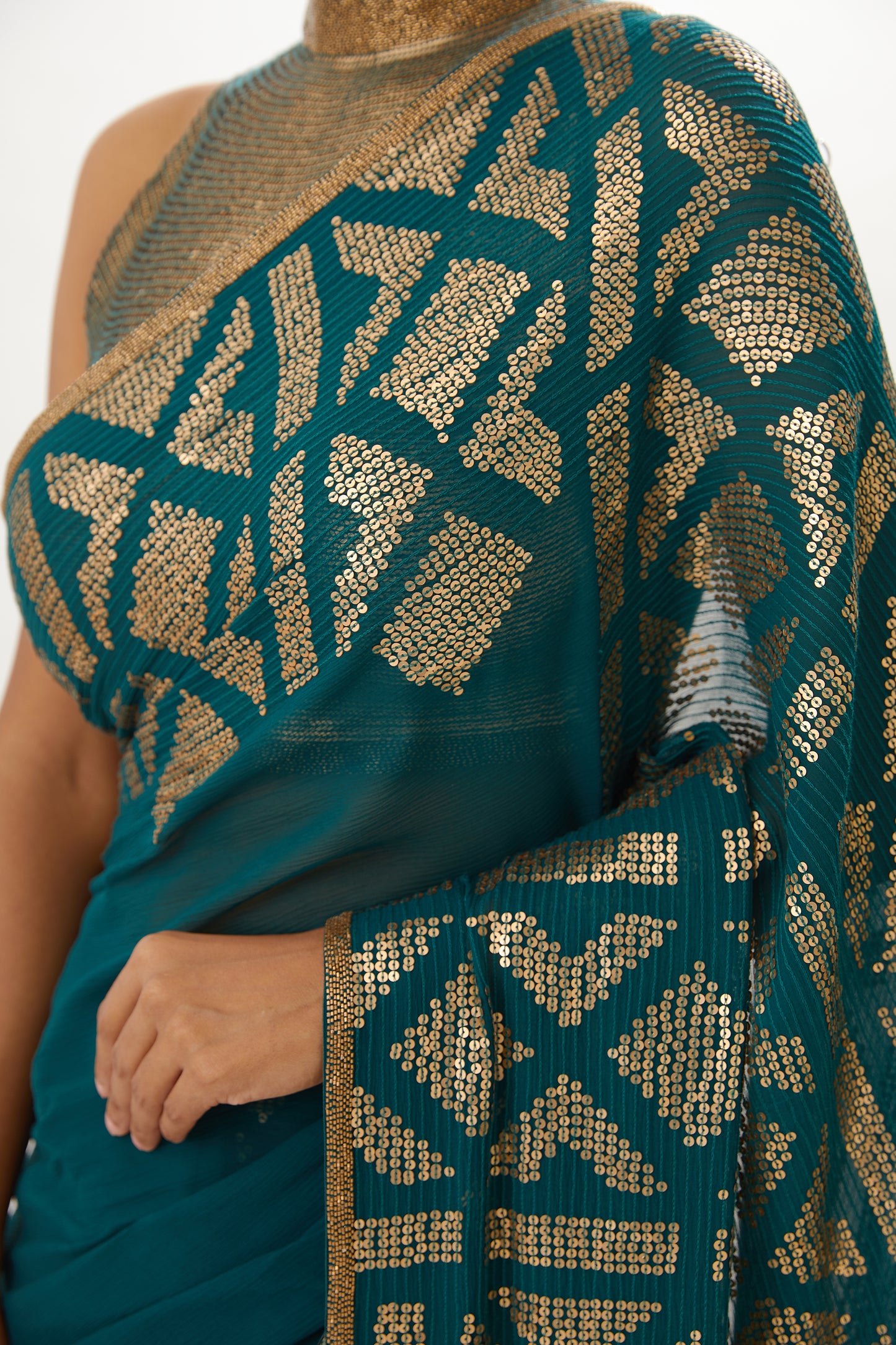 Sari Set with Ikkat inspired sequin embroidery.