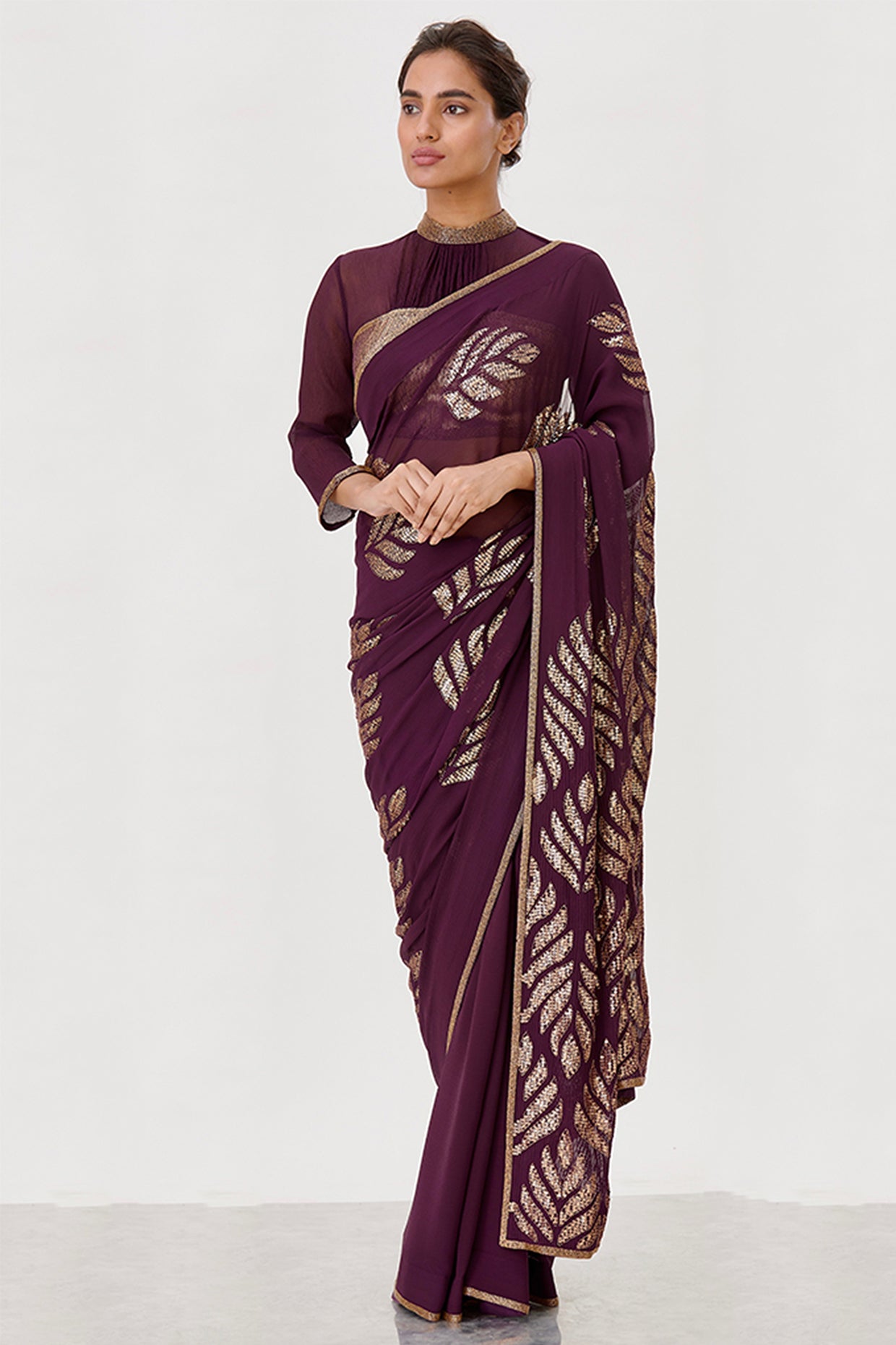 Sari Set with Leaf Pattern Sequin Embroidery