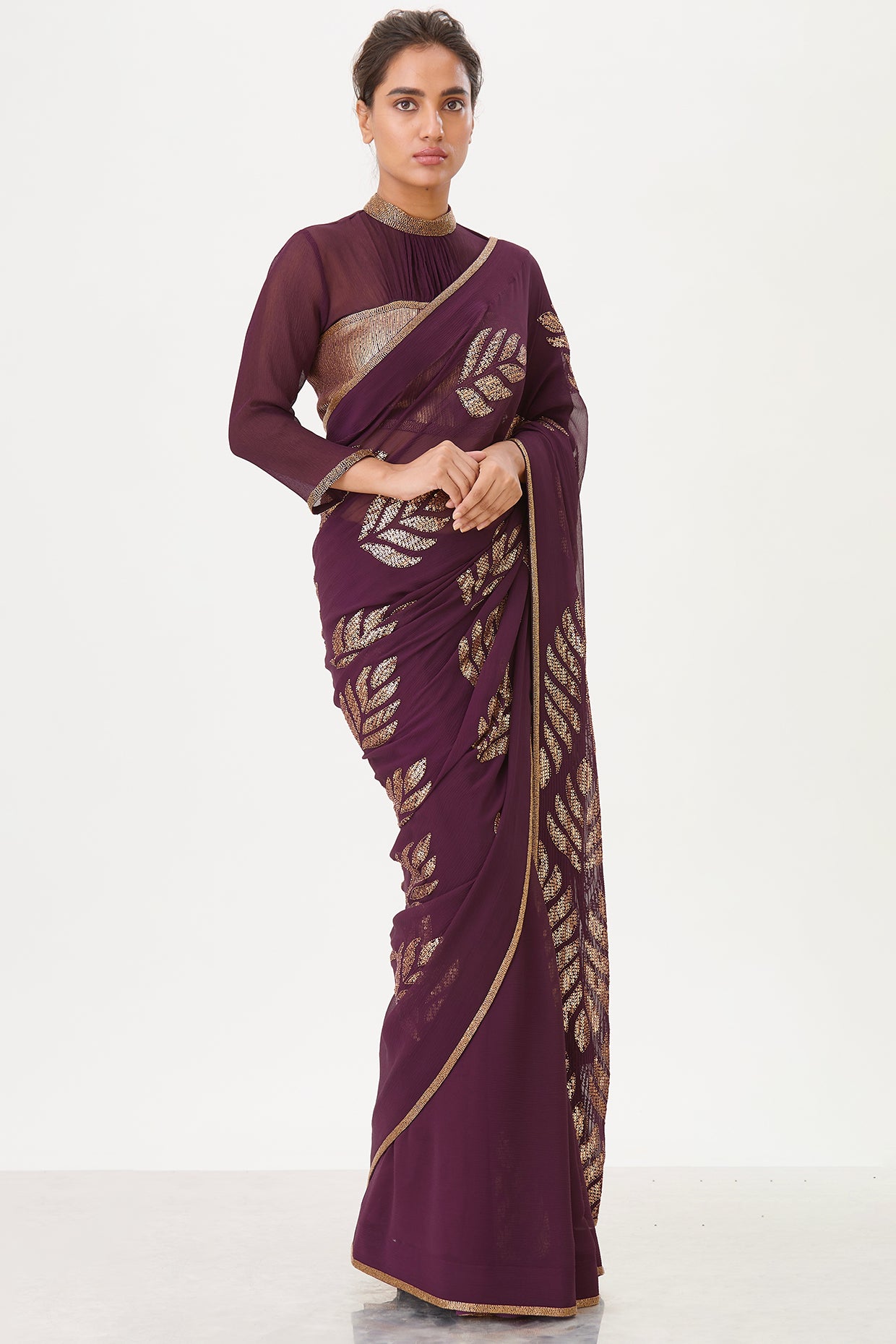 Sari Set with Leaf Pattern Sequin Embroidery