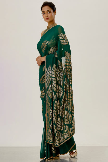 Sari Set with Leaf Pattern Sequin Embroidery
