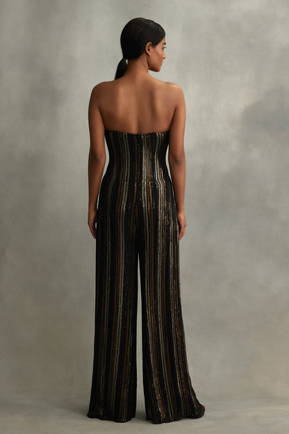 Jumpsuit with Stripe Metallic Sequin Embroidery