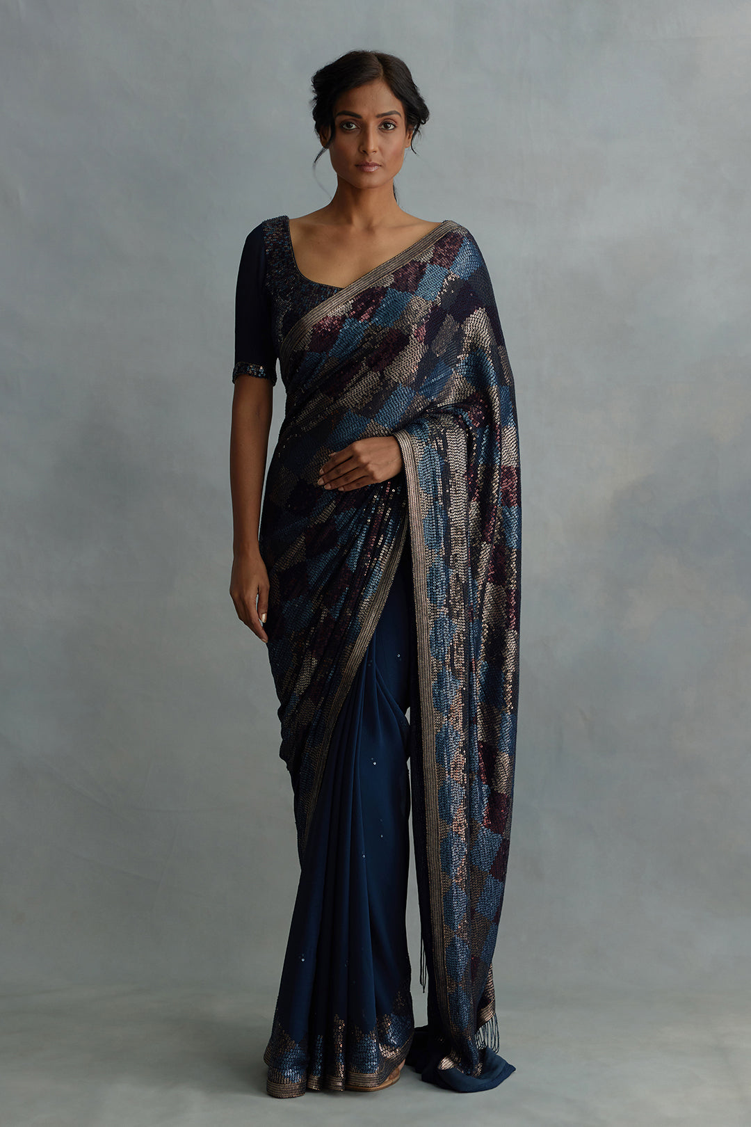 Sari Set in Geometric Pattern Sequin Embroidery