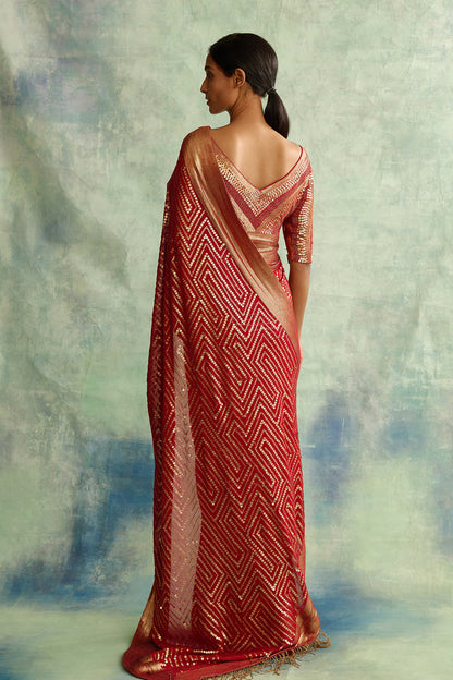 Sari Set in Gold Sequin Embroidery in Maze Design