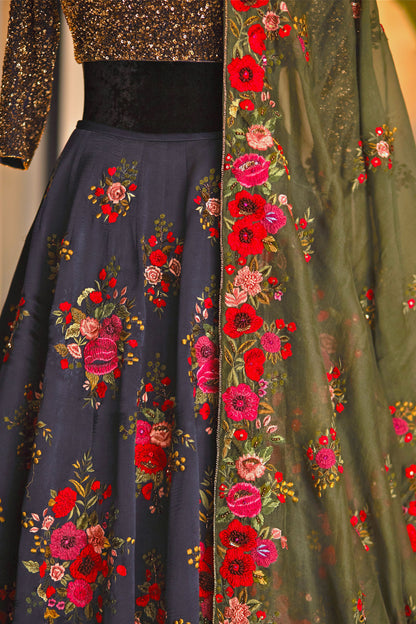 Lehenga Set in Floral Thread Embroidery