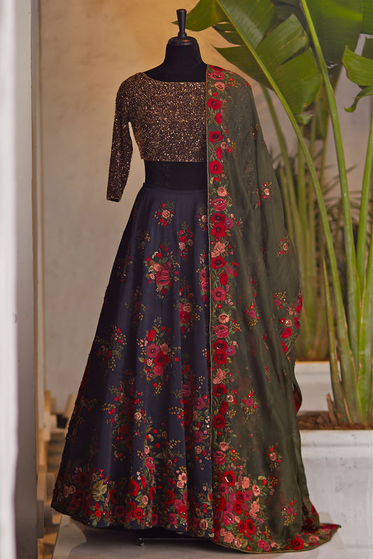 Lehenga Set in Floral Thread Embroidery