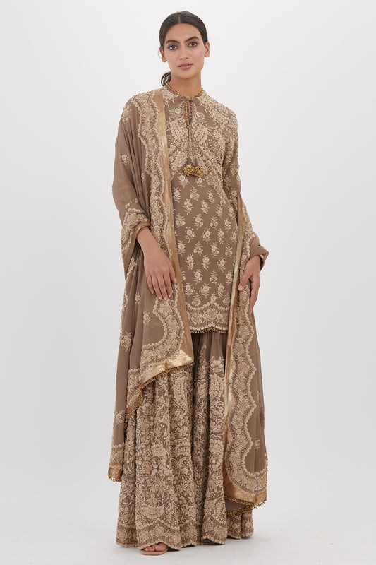 Gharara Set in Old world Ivory Thread and Sequin Embroidery