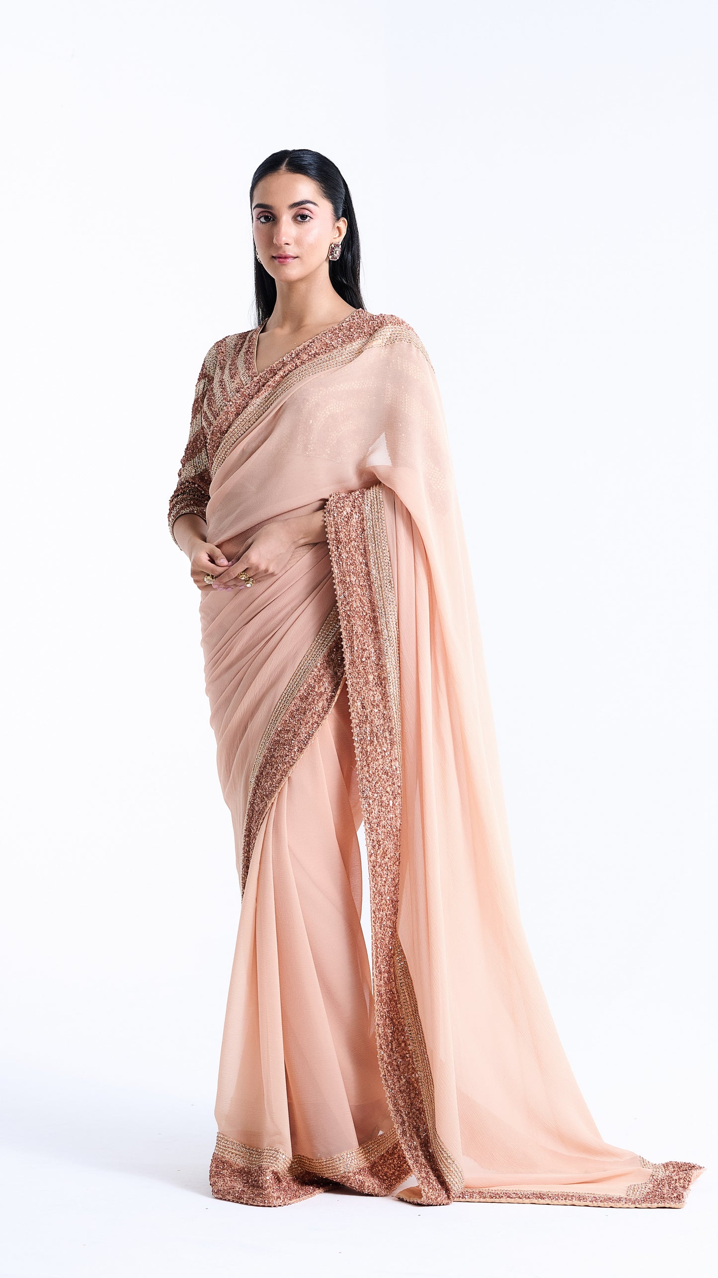 Peach Sari Set in Sequin and Stone