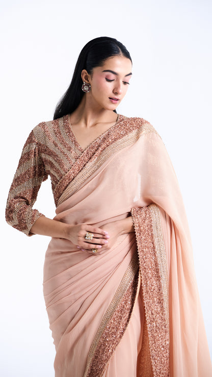 Peach Sari Set in Sequin and Stone