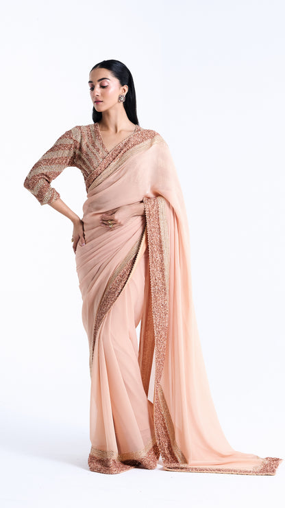 Peach Sari Set in Sequin and Stone