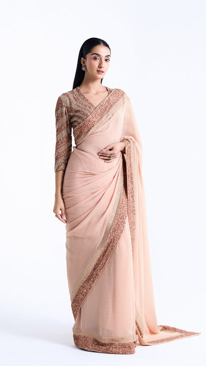 Peach Sari Set in Sequin and Stone