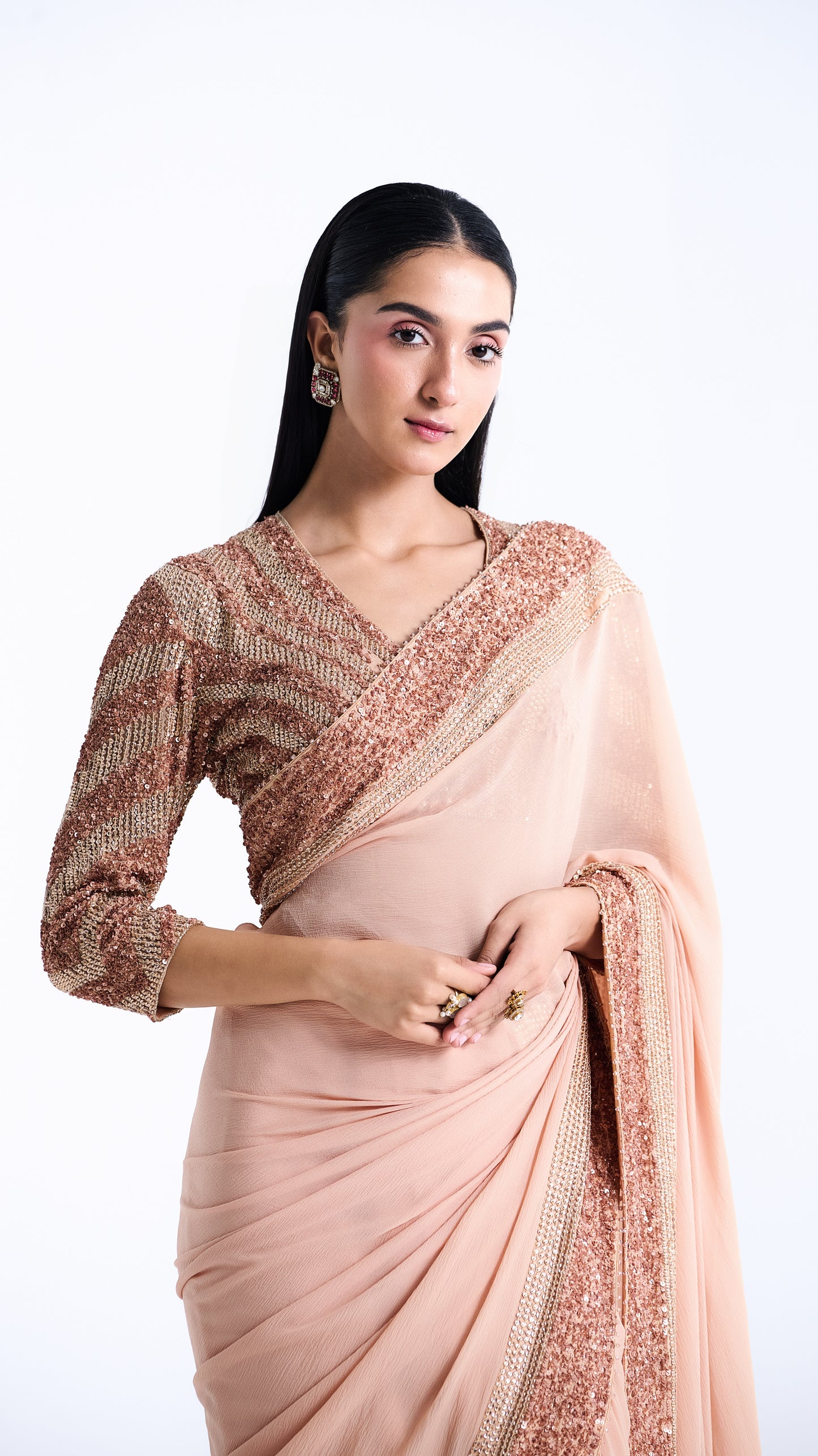 Peach Sari Set in Sequin and Stone