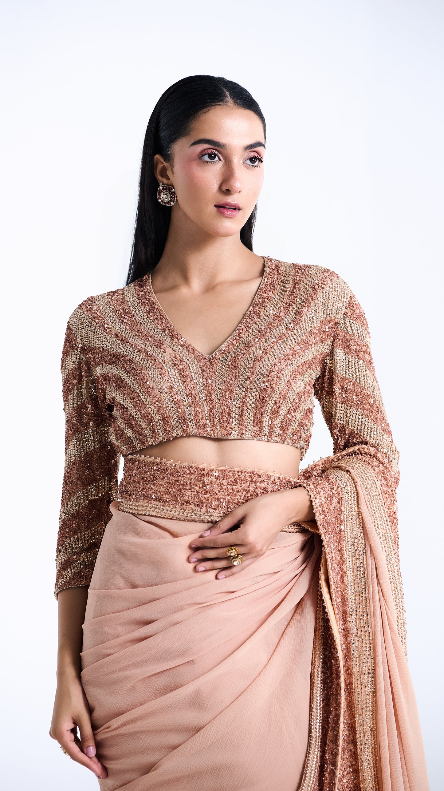 Peach Sari Set in Sequin and Stone