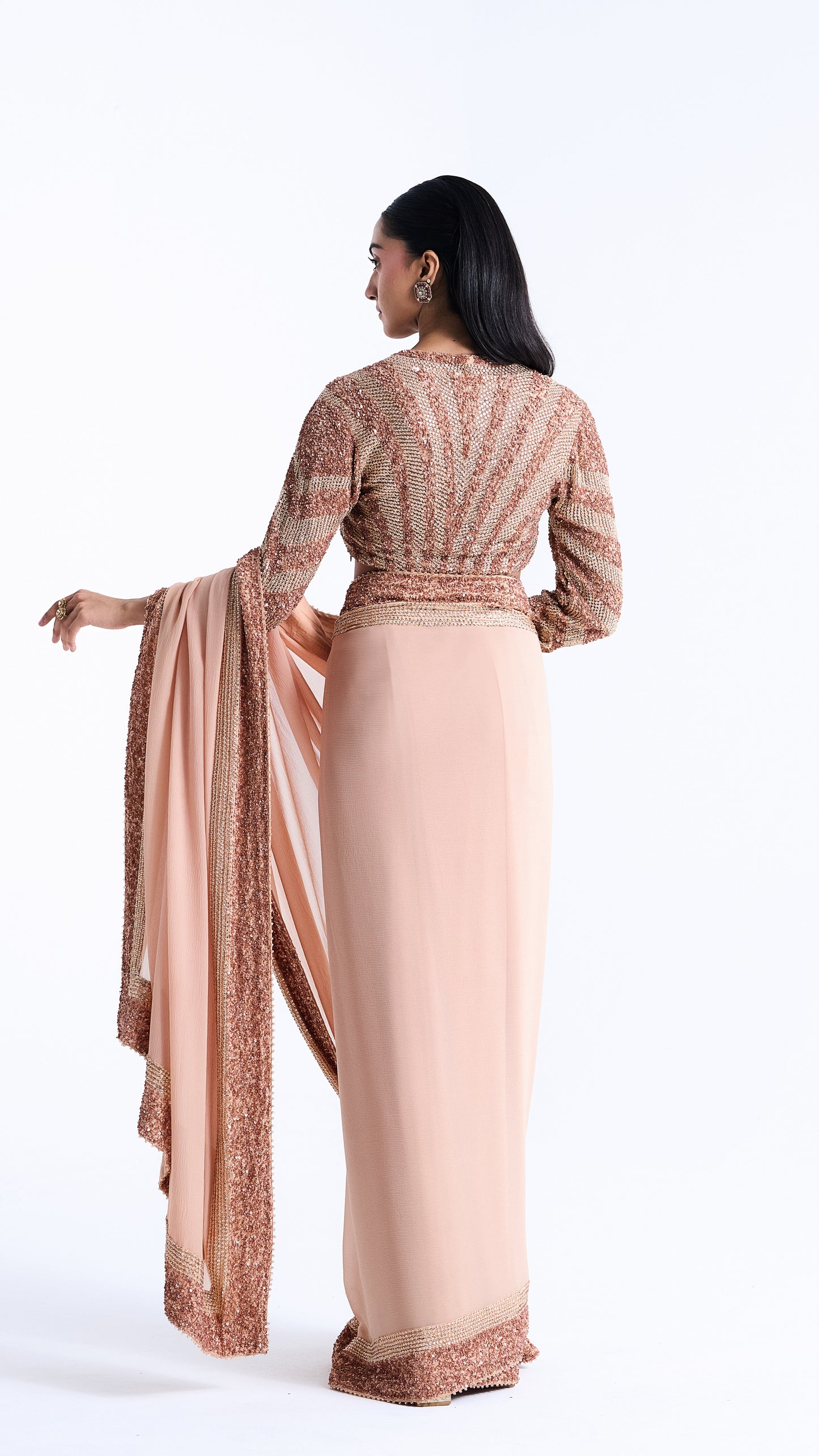 Peach Sari Set in Sequin and Stone