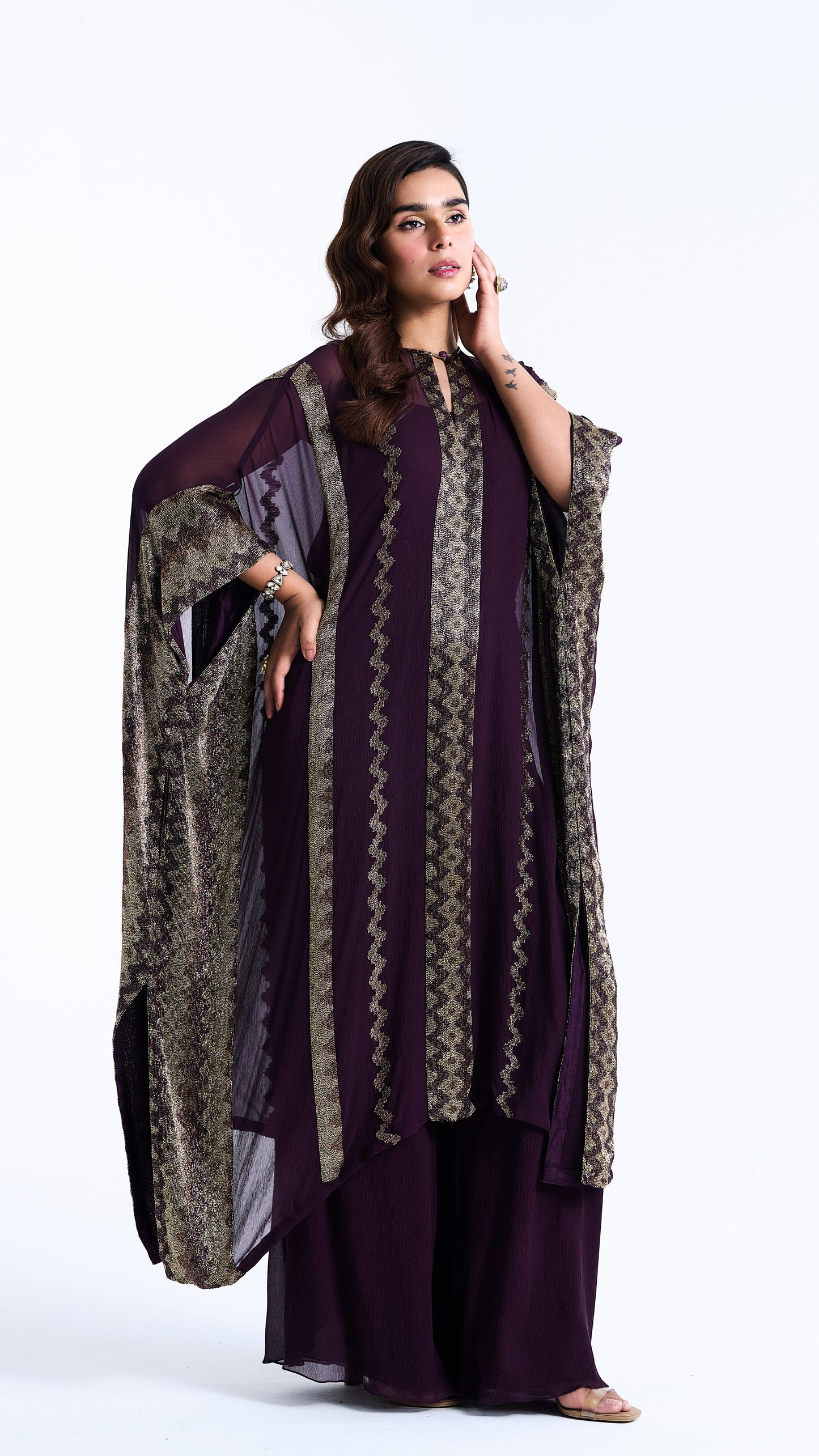 Kaftan Set in Mughal Pattern Cutdana Embroidery