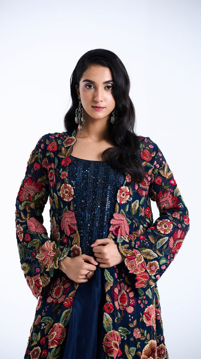 Jacket Set In Floral Thread Embroidery