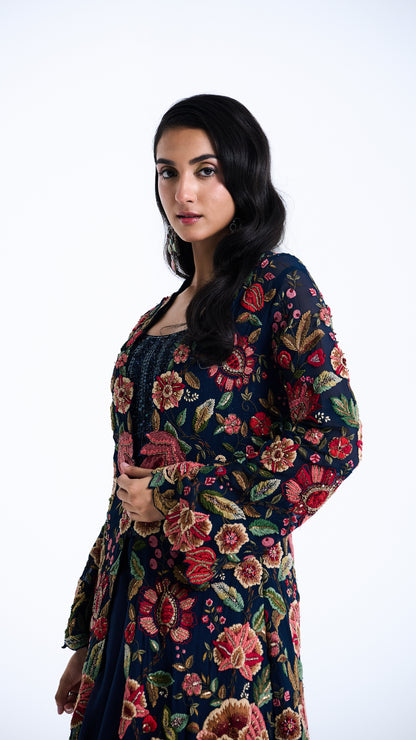 Jacket Set In Floral Thread Embroidery