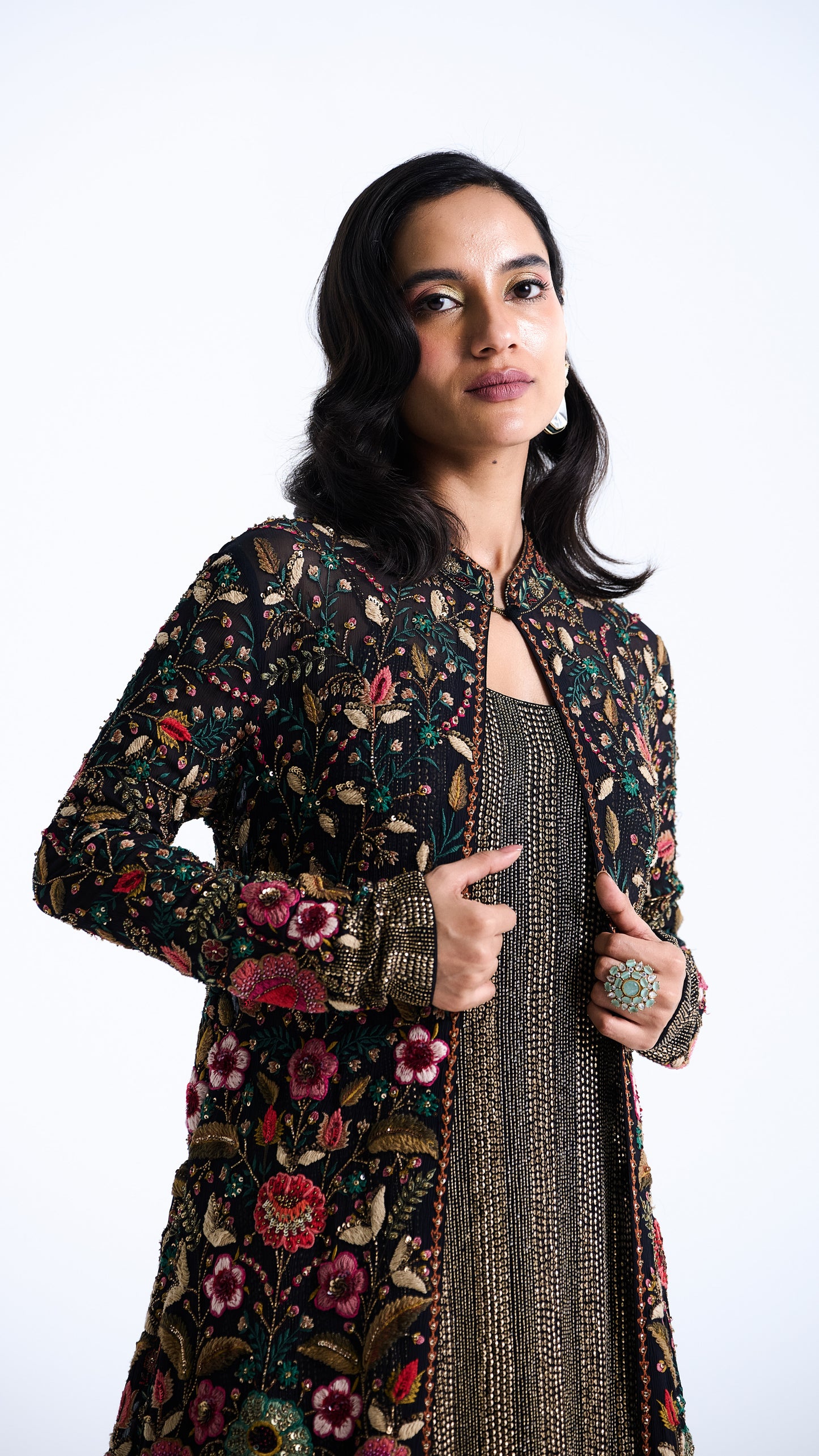 Jacket Set in Persian Floral Thread Embroidery