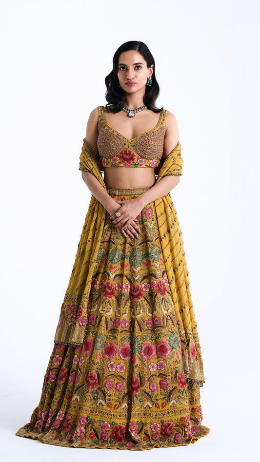 Lehenga Set in Persian Floral Thread Embroidery