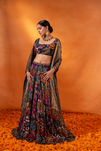 Lehenga Set in Floral Ikkat Thread embroidery