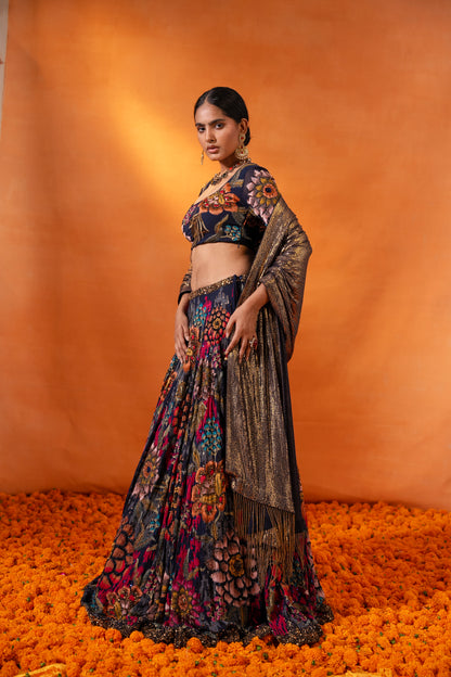 Lehenga Set in Floral Ikkat Thread embroidery