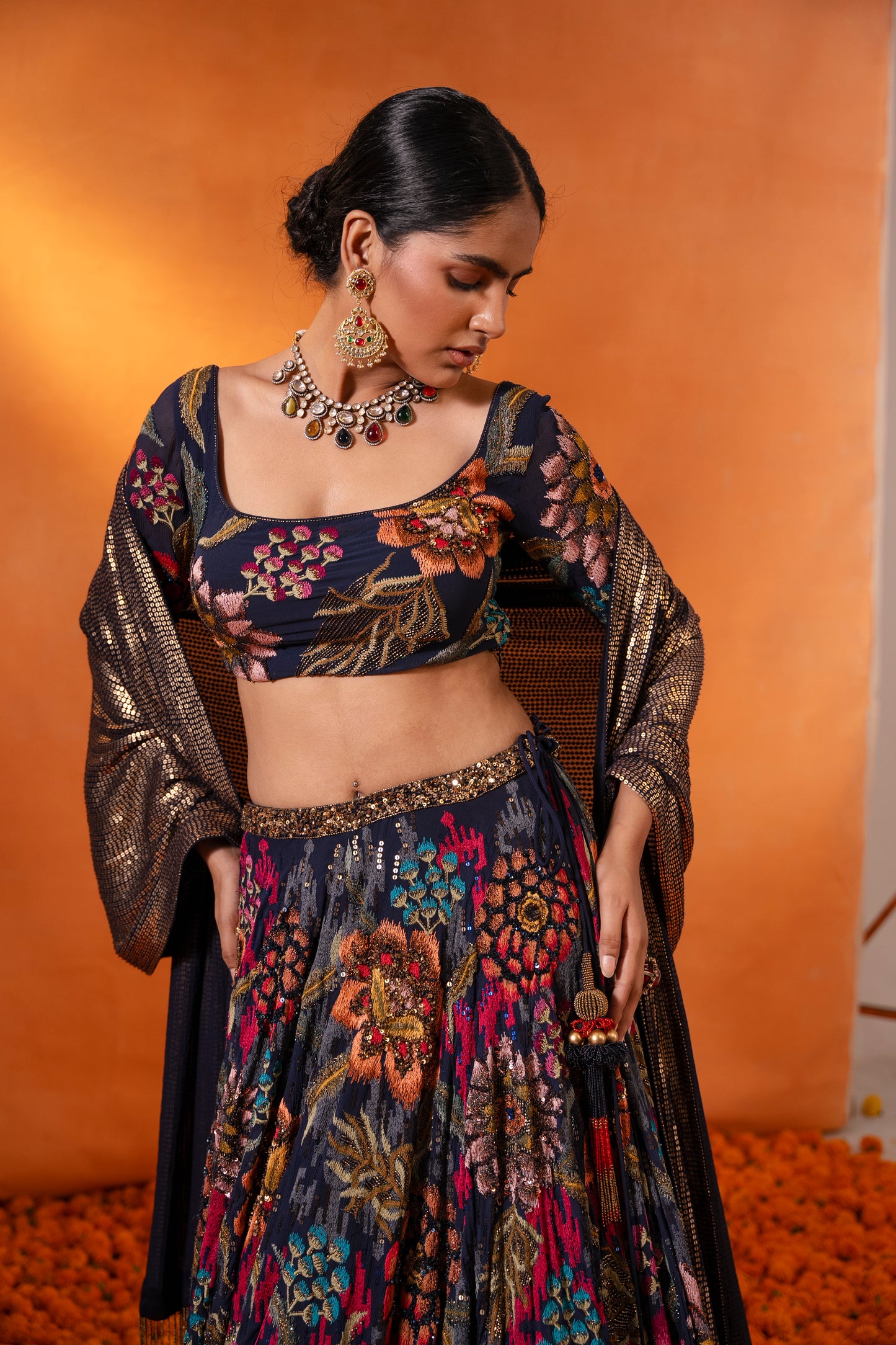 Lehenga Set in Floral Ikkat Thread embroidery