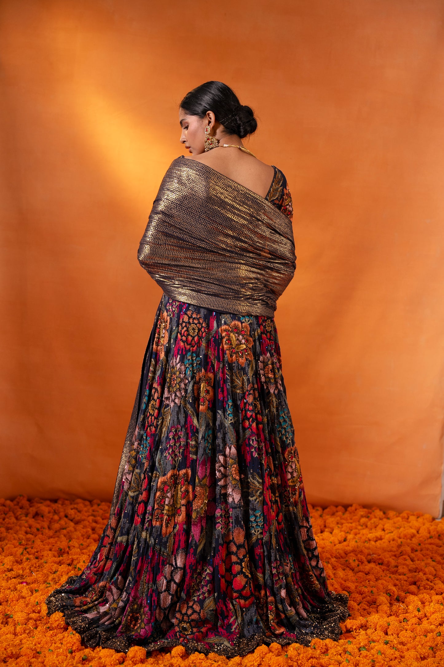 Lehenga Set in Floral Ikkat Thread embroidery