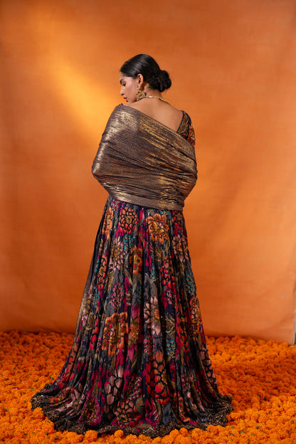 Lehenga Set in Floral Ikkat Thread embroidery