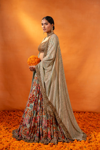 Lehenga Set in floral ikkat thread embroidery