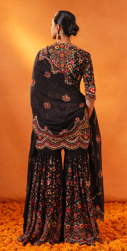 Gharara Set with Floral Multi Thread Embroidery