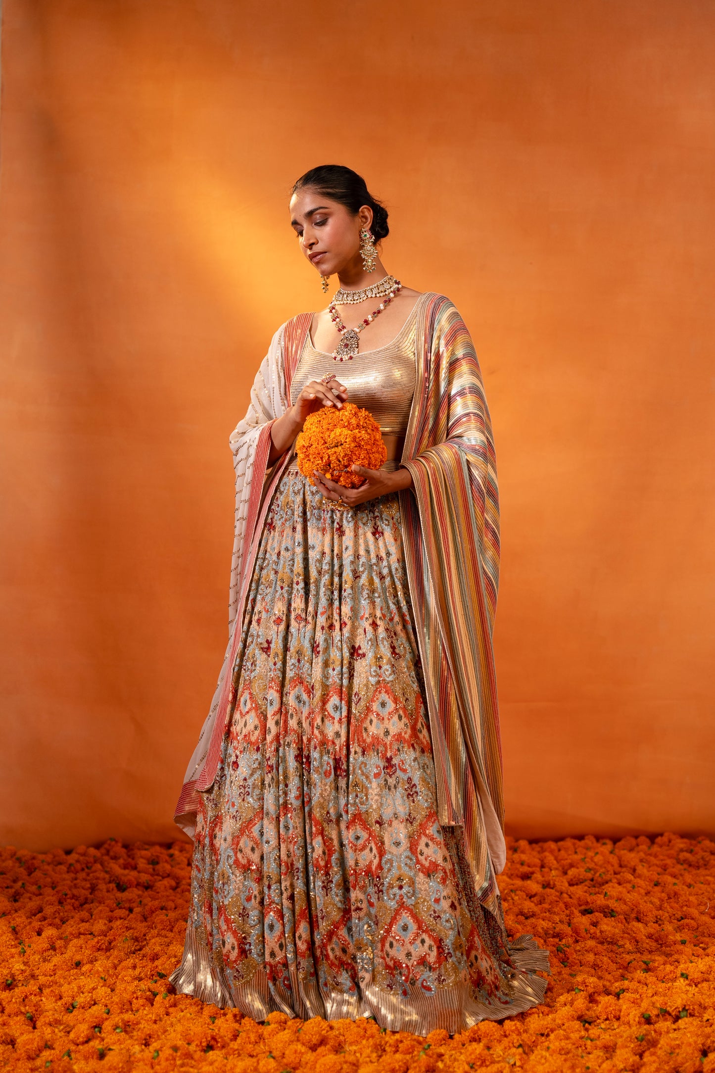 Lehenga Set in Ikkat thread embroidery