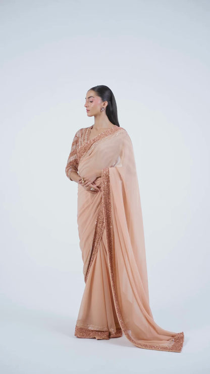 Peach Sari Set in Sequin and Stone